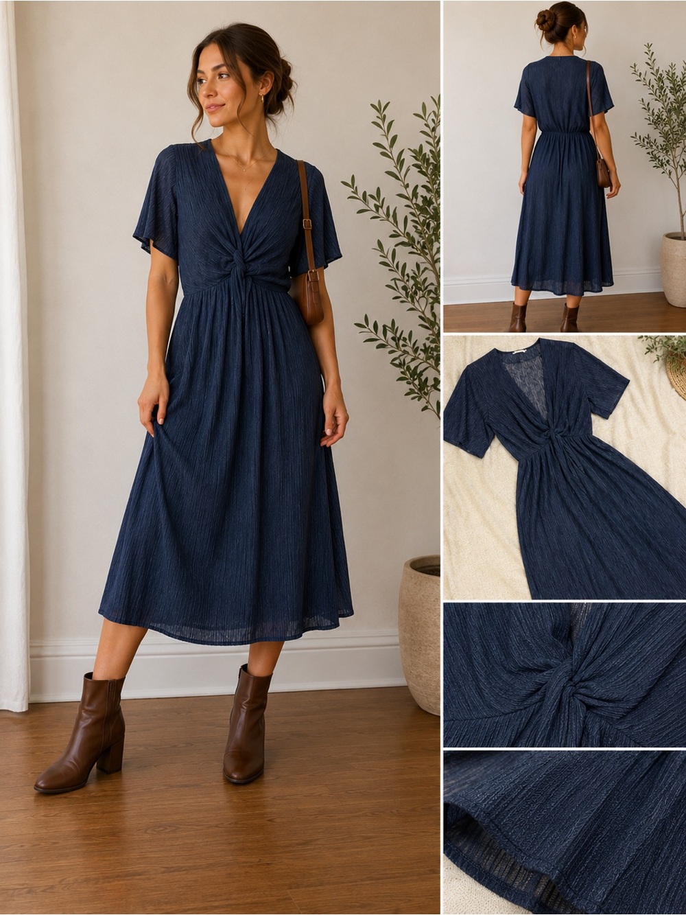 All in Favor Navy Blue Twist Front Midi Dress – Size S